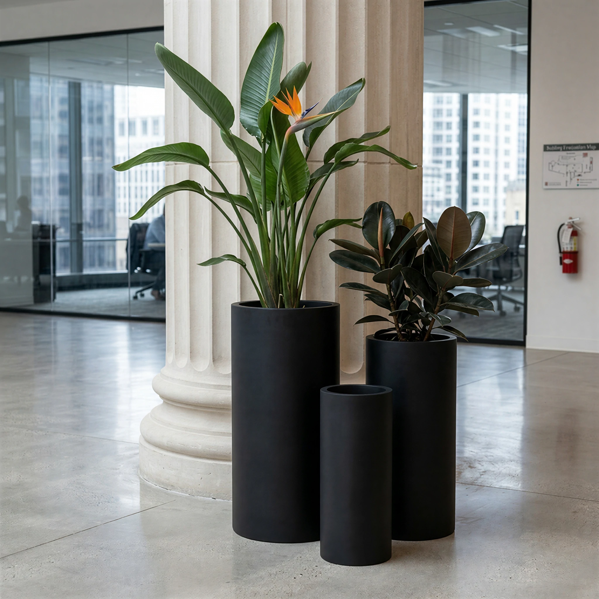 Three black RC-1006 tall cylinder GFRC planters arranged in a commercial office interior